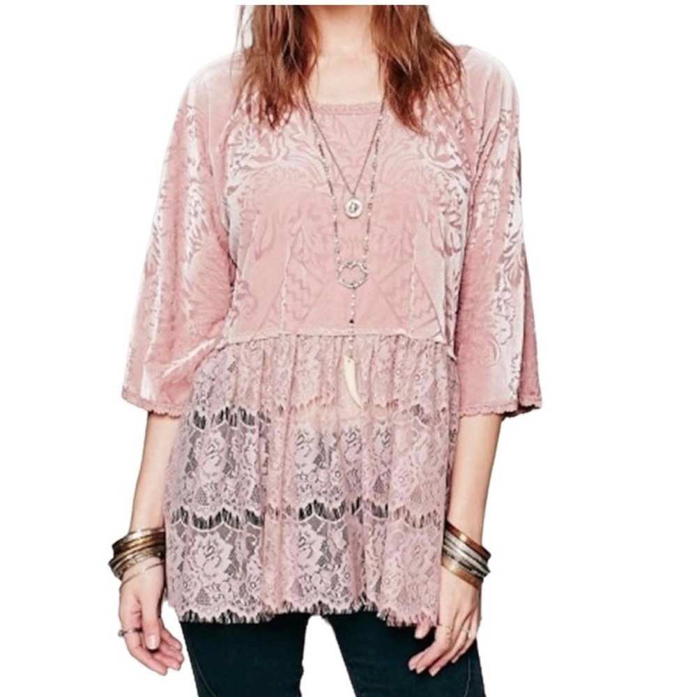 FREE PEOPLE Velvet Lace Fortune Teller Top - Dusty Blush Pink - Small